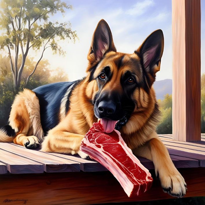 Berger Allemand qui mange la viande