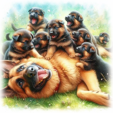 Berger allemand avec les chiots