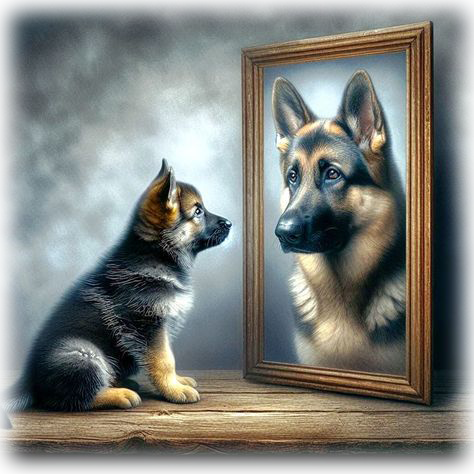 Reflet du chiot dans le miroir est adulte