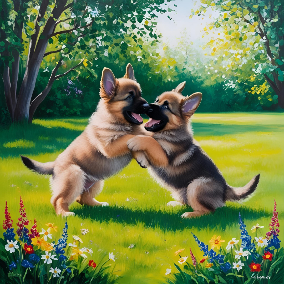 Un homme et un Berger allemand qui jouent